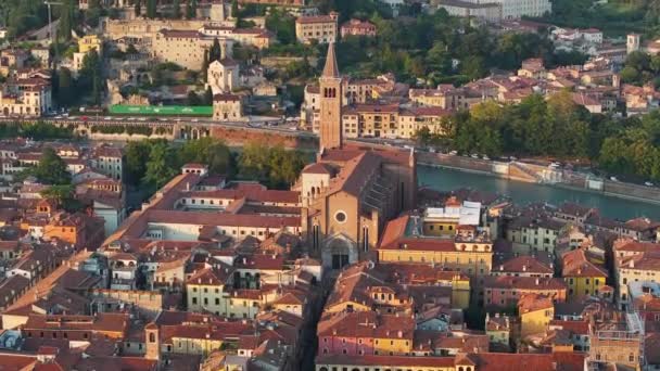 Golden Hour Verona Perspectiva Aérea Basílica Santa Anastácia Itália — Vídeo de Stock
