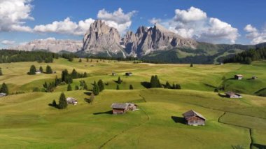 Seiser Alm Platosu 'ndaki Dolomitler' deki kır evleri yaz güneşli bir gün Sassopiatto dağları Trentino Alto Adige Sud Tyrol, İtalya, Avrupa