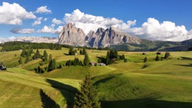 Seiser Alm, Alpe di Siusi İtalya Dolomites, Güney Tyrol, Trentino Alto Adige, İtalya 'da yaz aylarında hava görüntüsü. Val Gardena vadisi, ahşap kulübe, Sassolungo Langkofel dağlık dağ.