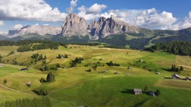 Seiser Alm, Alpe di Siusi İtalya Dolomites, Güney Tyrol, Trentino Alto Adige, İtalya 'da yaz aylarında hava görüntüsü. Val Gardena vadisi, ahşap kulübe, Sassolungo Langkofel dağlık dağ.