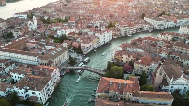 日の出にヴェネツィアの都市スカイラインの空中ビュー ポンテデルアカデミア イタリア — ストック動画