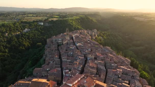 Flygfoto Över Den Medeltida Staden Pitigliano Vid Solnedgången Provinsen Grosseto — Stockvideo