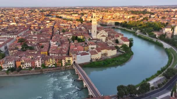 Letecký Pohled Veronu Itálie Ponte Pietra Adige River Historické Centrum — Stock video