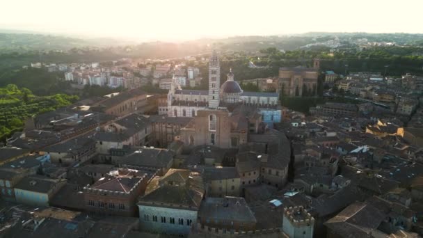 Flygfoto Över Duomo Siena Katedralen Vid Solnedgången Toscana Italien — Stockvideo