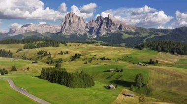 Seiser Alm, Alpe di Siusi İtalya Dolomites, Güney Tyrol, Trentino Alto Adige, İtalya 'da yaz aylarında hava görüntüsü. Val Gardena vadisi, ahşap kulübe, Sassolungo Langkofel dağlık dağ.