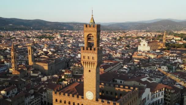 Florens Stadssiluett Flygfoto Vid Solnedgången Palazzo Vecchio Katedralen Saint Mary — Stockvideo