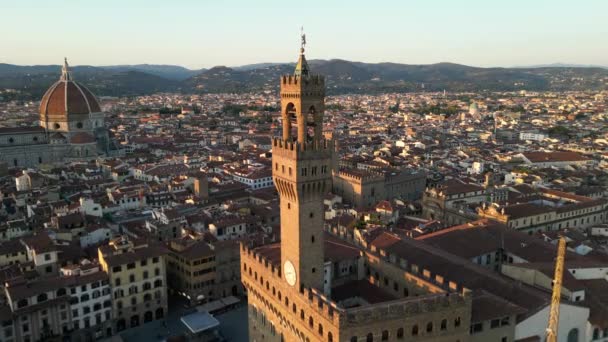 Florens Stadssiluett Flygfoto Vid Solnedgången Palazzo Vecchio Katedralen Saint Mary — Stockvideo