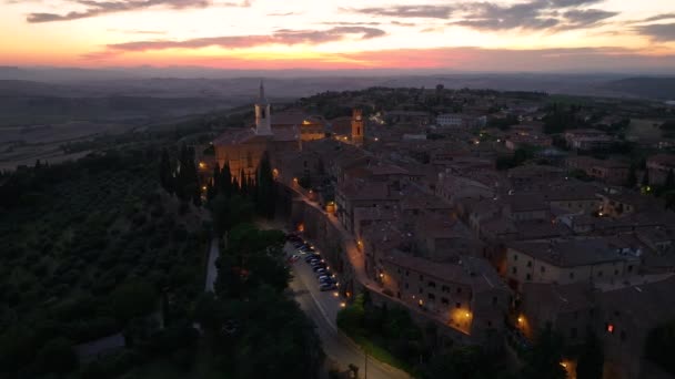 Pienza Toskania Widoki Lotu Ptaka Średniowieczne Miasto Nocy Prowincji Siena — Wideo stockowe
