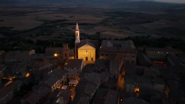 Widok Lotu Ptaka Średniowieczne Miasto Pienza Nocy Katedra Pienzie Duomo — Wideo stockowe