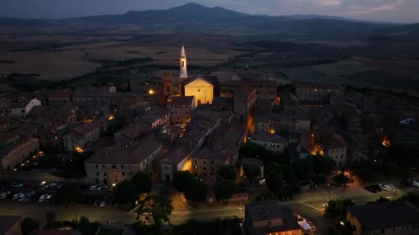 Pienza Toskania Widoki Lotu Ptaka Średniowieczne Miasto Nocy Prowincji Siena — Wideo stockowe