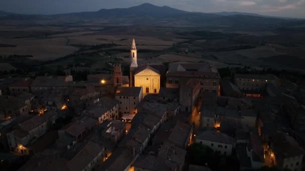 Vista Aérea Cidade Medieval Pienza Noite Catedral Pienza Duomo Santa — Vídeo de Stock