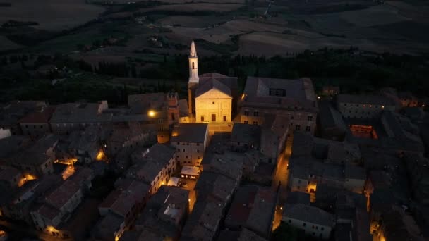 Pienza Ortaçağ Kasabasının Gece Manzarası Pienza Katedrali Duomo Santa Maria — Stok video
