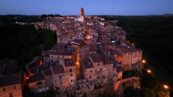 Toscana Vista Aérea Noturna Cidade Medieval Pitigliano Província Grosseto Itália — Vídeo de Stock
