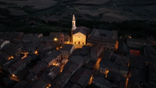 Nocny Wieczorny Widok Powietrza Średniowieczne Miasto Pienza Toskanii Prowincja Siena — Wideo stockowe