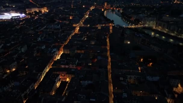 Панорама Верони Вид Повітря Історичний Центр Міста Вночі Ввечері Регіон — стокове відео