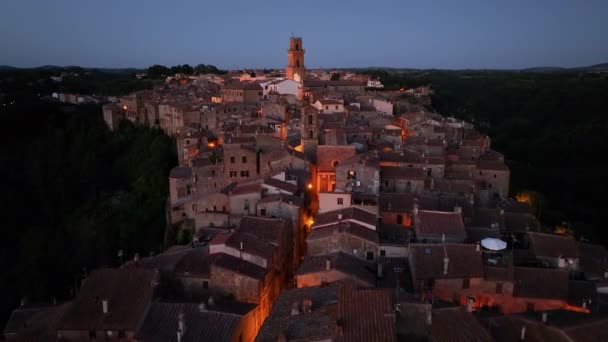 Toscana Natt Antenn Utsikt Över Den Medeltida Staden Pitigliano Provinsen — Stockvideo