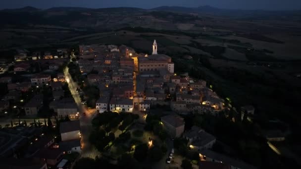 Natt Kväll Flygfoto Över Medeltida Pienza Town Toscana Siena Province — Stockvideo