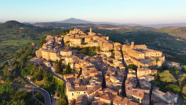 Toscana Salida Del Sol Vista Aérea Ciudad Medieval Montepulciano Provincia — Vídeos de Stock