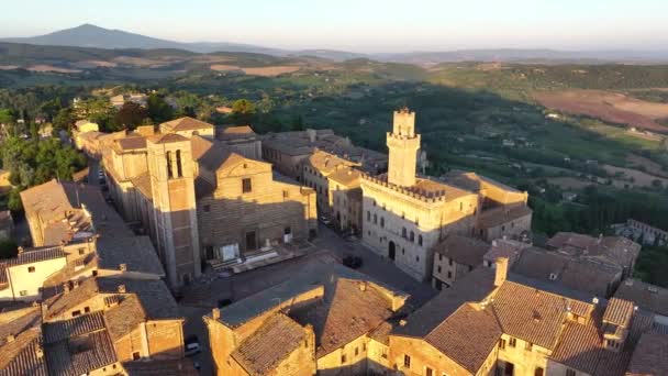 Letecký Pohled Středověké Město Montepulciano Při Východu Slunce Katedrála Marie — Stock video