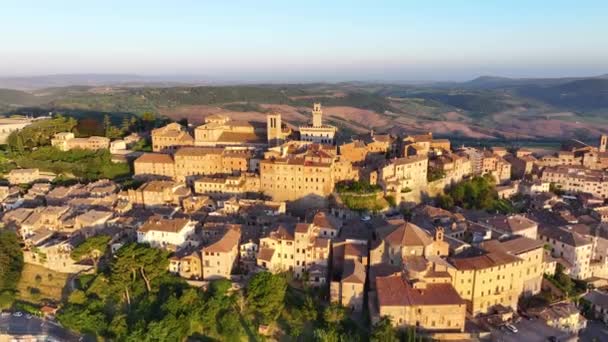 Sunrise Aerial Perspective Montepulciano Distinguished Cathedral Saint Mary Assumption Palazzo — Vídeo de Stock