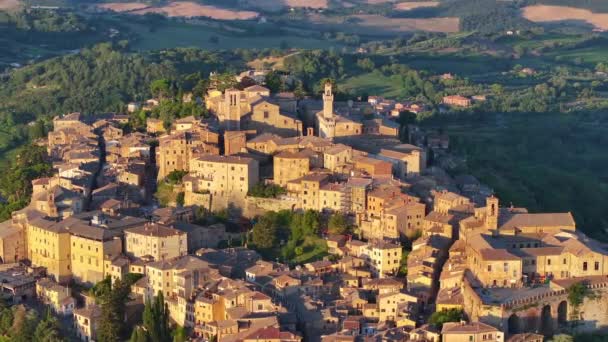 Montepulciano Bei Sonnenaufgang Luftaufnahme Der Kathedrale Maria Himmelfahrt Und Des — Stockvideo
