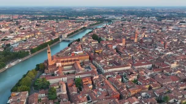 Golden Hour Verona Αεροφωτογραφία Της Βασιλικής Της Santa Anastasia Ιταλία — Αρχείο Βίντεο