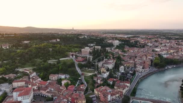 Orașul Verona Vedere Aeriană Castelului San Pietro Răsăritul Soarelui Italia — Videoclip de stoc