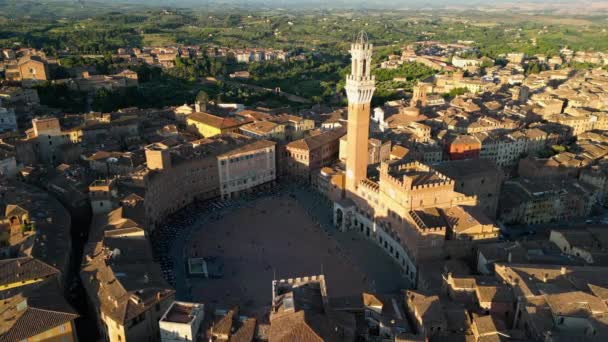 Vista Aérea Siena Atardecer Piazza Del Campo Palazzo Pubblico Torre — Vídeo de stock