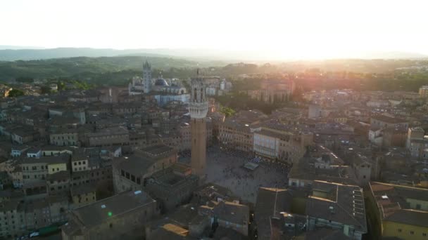 Siena Toscana Flygfoto Över Den Medeltida Staden Vid Solnedgången Piazza — Stockvideo