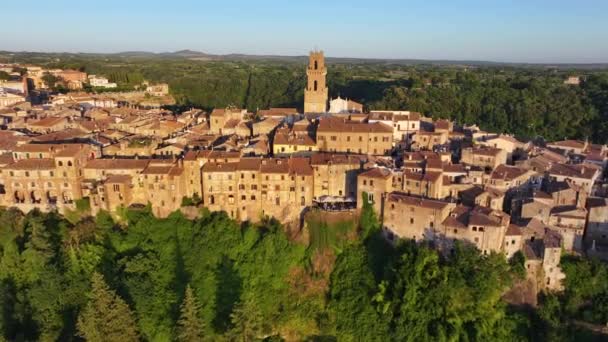 Pitigliano Toscana Flygfoto Över Den Medeltida Staden Vid Solnedgången Provinsen — Stockvideo