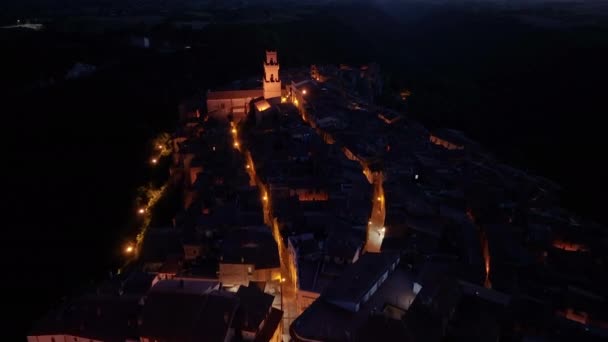 Pitigliano Toskana Ortaçağ Kasabasının Havadan Görünüşü Grosseto Talya Gece Karanlığında — Stok video