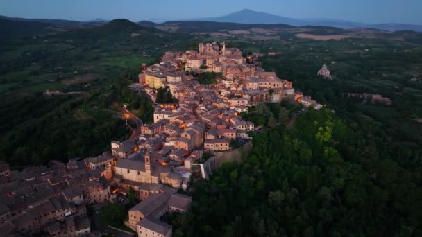 Montepulciano Toscana Vista Aérea Ciudad Medieval Provincia Siena Italia Amanecer — Vídeos de Stock