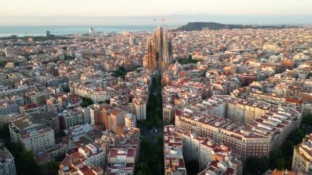Hava Manzarası Barcelona Eixample Yerleşim Bölgesi Ünlü Bazilika Sagrada Familia — Stok video