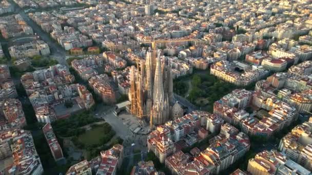 Catedral Sagrada Familia Vista Aérea Del Horizonte Barcelona Amanecer Cataluña — Vídeos de Stock