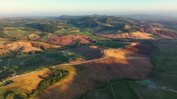 Paisagem Aérea Toscana Sobrevoando Vinhas Campos Oliveiras Casas Tradicionais Itália — Vídeo de Stock