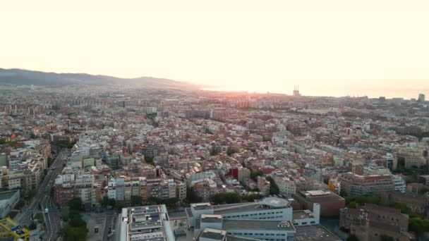 Establecimiento Vista Aérea Del Horizonte Ciudad Barcelona Amanecer Cataluña España — Vídeos de Stock