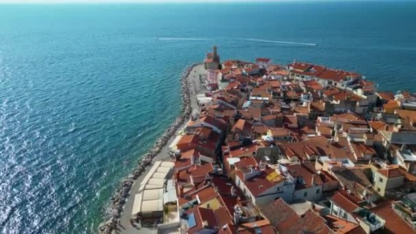 Piran Eslovênia Panorama Aéreo Cidade Histórica Longo Mar Adriático Dia — Vídeo de Stock