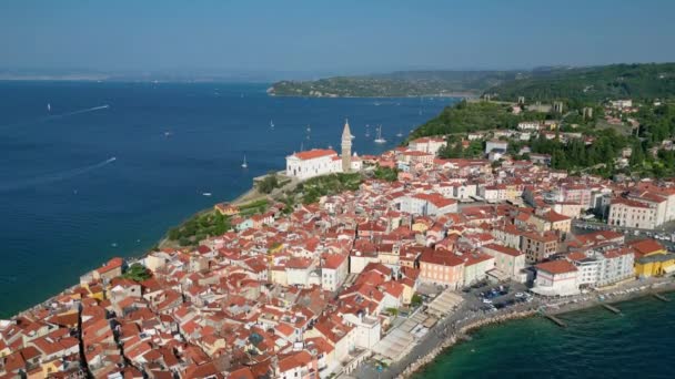 Piran Słowenia Panorama Wybrzeża Adriatyku Zabytkową Architekturą Wenecką — Wideo stockowe