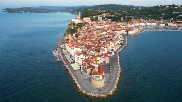Aerial View Piran Town Adriatic Coastline Mediterranean Summer Day Sunset — Stock Video