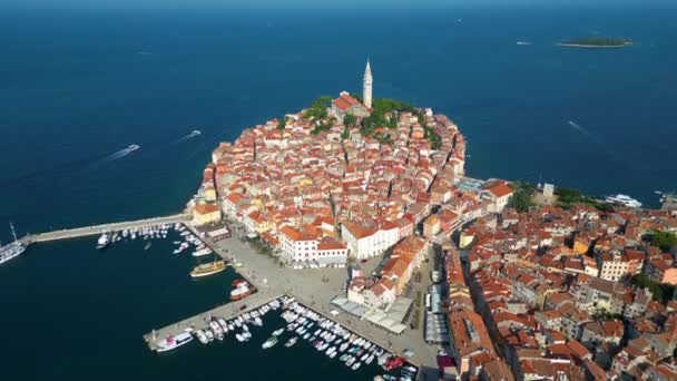 Αεροφωτογραφία Της Όμορφης Παλιάς Πόλης Του Ροβίνι Στην Κροατία Μια — Αρχείο Βίντεο