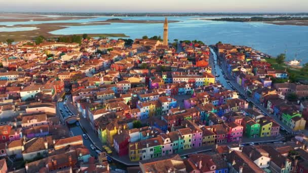 Letecký Snímek Barevných Domů Ostrově Burano Provincii Benátky Benátsko Itálie — Stock video