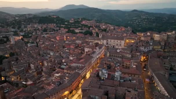 Perugia Historisch Centrum Van Bovenaf Avonds Uitzicht Piazza Novembre Fontana — Stockvideo