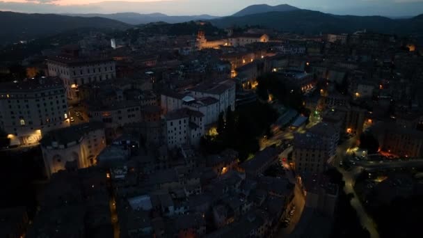 Centro Histórico Perugia Desde Arriba Vista Nocturna Piazza Novembre Fontana — Vídeo de stock