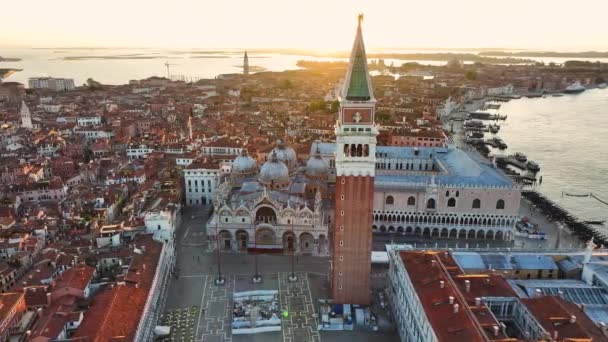 Venice Sunrise Skyline Aerial View Campanile San Marco Marks Belfry — Stock Video