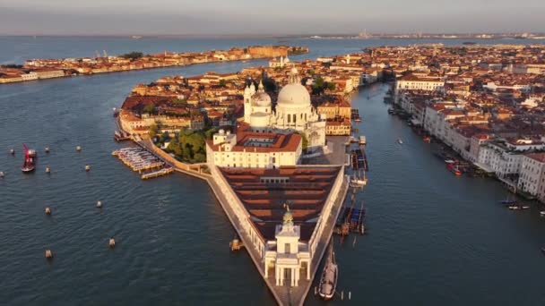Yukarıdan Tarihi Venedik Büyük Kanal Santa Maria Della Salute Bazilikası — Stok video