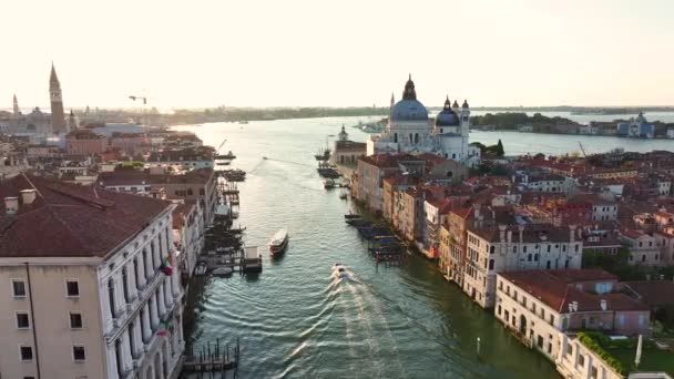 Letí Nad Grand Canal Benátkách Při Východu Slunce Zajetí Baziliky — Stock video