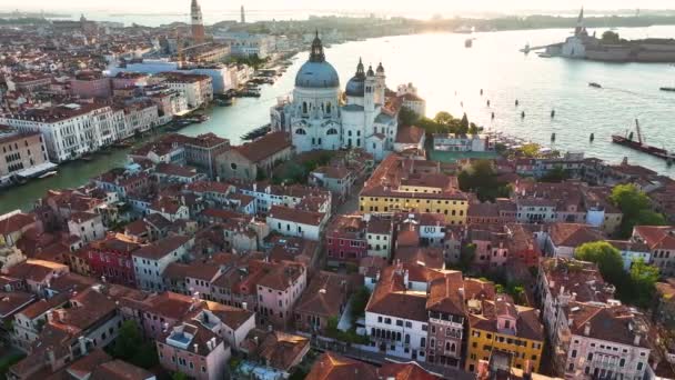 Venedig Solnedgång Antenn Utsikt Över Staden Skyline Basilica Santa Maria — Stockvideo