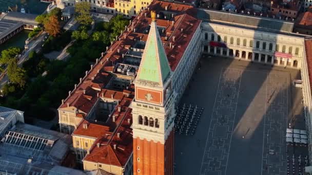 Venedig Soluppgång Skyline Antenn Utsikt Över Campanile San Marco Marks — Stockvideo