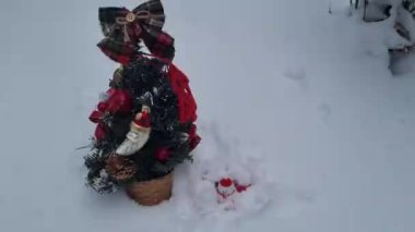 Noel ağacının altında, süsleri, süsleri ve kar beyazı arka planda oyuncakları olan köknar dalları olan bir kardan adam. Bayram kutlaması, yeni yıl kış zamanı. 
