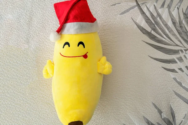 Tropical Christmas New Year Banana Plush Toy Decoration Red Santa — Stock Photo, Image